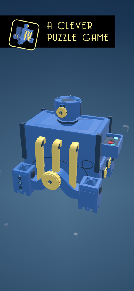 A blue 3D mechanical puzzle with yellow pipes and a rotating wheel