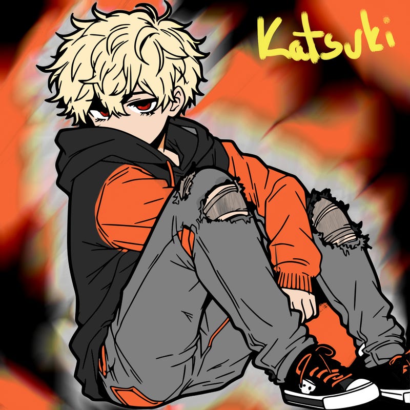 a male hoddie ripped jeans messy hair anime