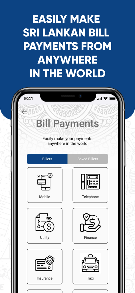 LankaRemit - Tela de pagamentos de contas do aplicativo LankaRemit mostrando opções para pagamentos de contas de serviços públicos, móveis e de seguros para o Sri Lanka