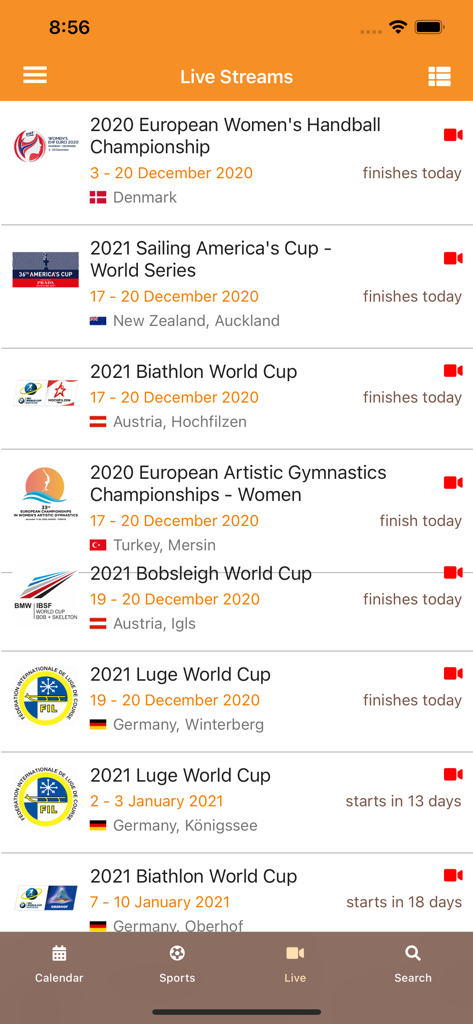 All Sport DB Live - ハンドボール、セーリング、バイアスロンなどのライブスポーツストリームのリストがAll Sport DBアプリに表示されています。