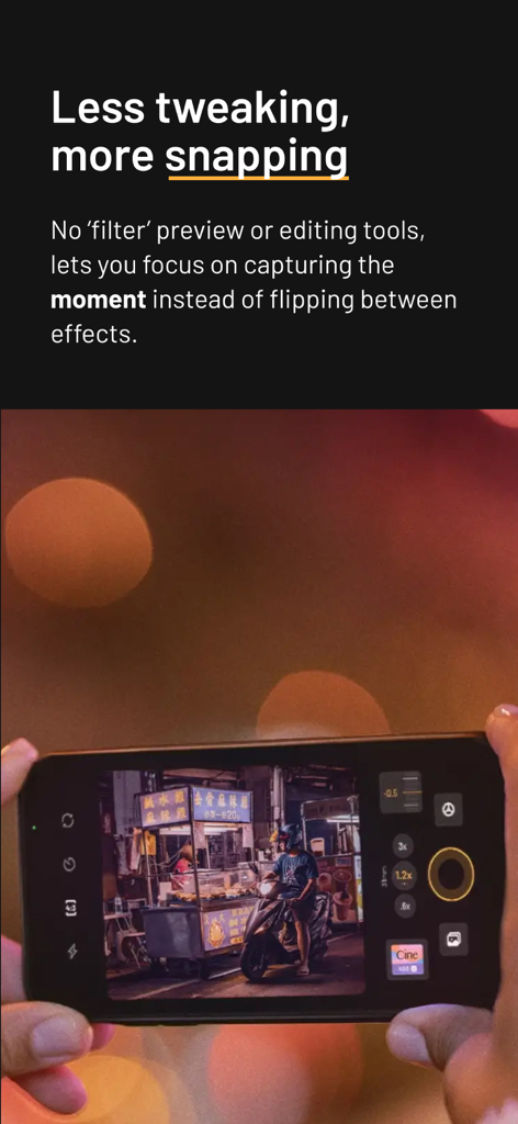 mood.camera - A person using the mood.camera app on an iPhone to capture a street food stall at night without using filters.