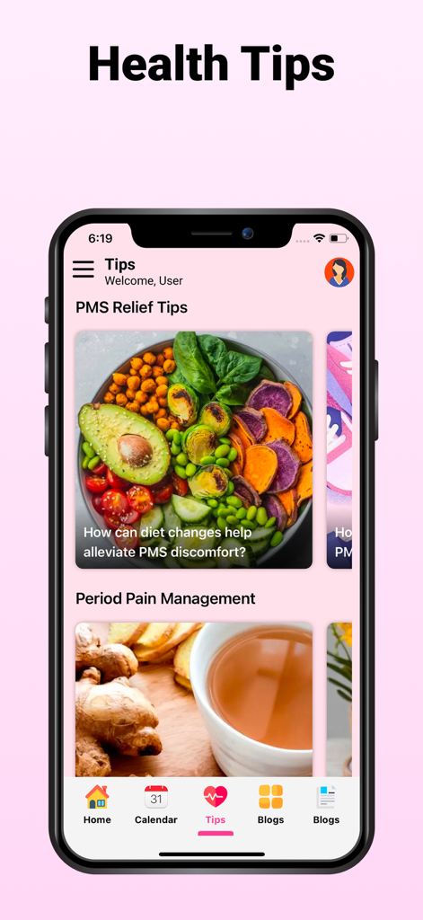 Pantalla de aplicación móvil que muestra consejos de salud para el alivio del síndrome premenstrual y el manejo del dolor menstrual