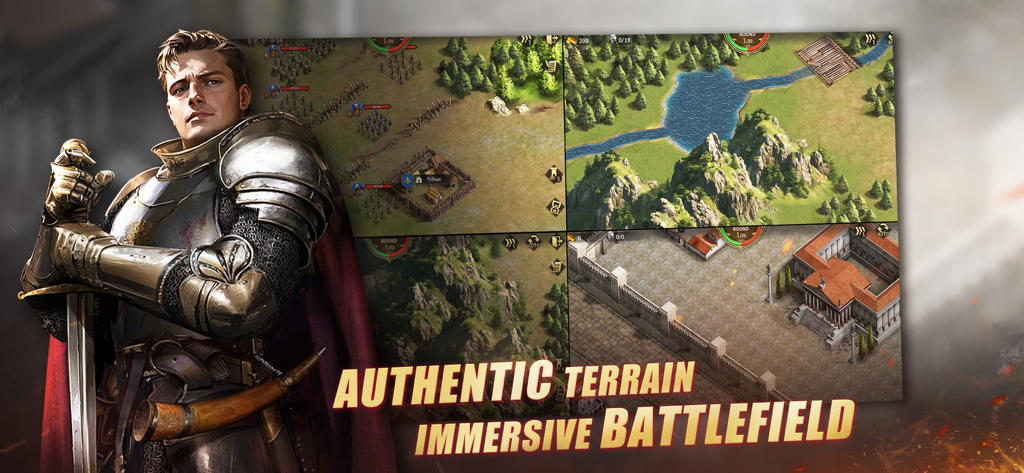 Grand War 4: Medieval Strategy - A medieval knight next to four gameplay screens displaying authentic terrain and battlefields from the Grand War 4 strategy game.