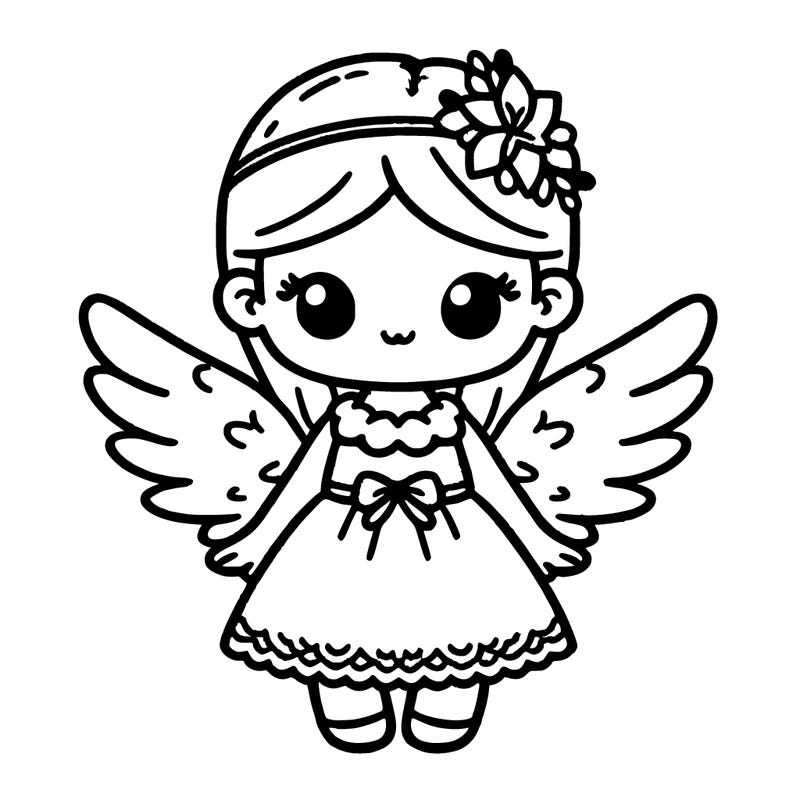 a cute little girl with light blue wings with white snowflakes and a light blue dress with white snowflakes