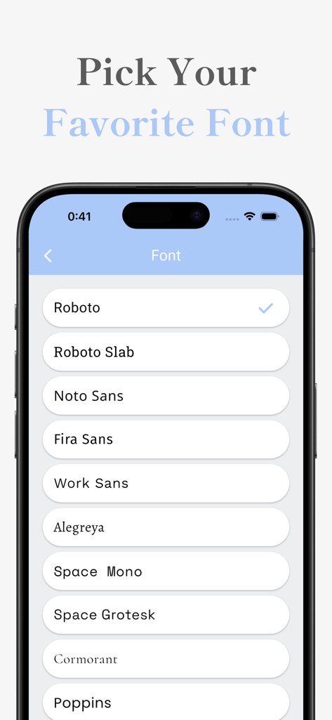 Seclog - Private Feed Journal - A smartphone screen showing a list of different typography options to pick from in the Seclog app