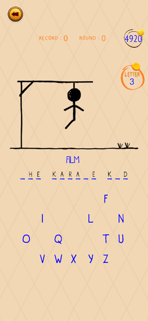 No Wifi Relaxing Mini Games - Una pantalla clásica del juego de puzzle de palabras Ahorcado con una categoría de título de película y selección de letras.