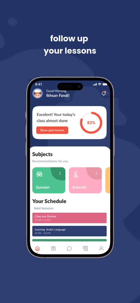 Noor institute - Panel de la aplicación del Instituto Noor que muestra el progreso del estudiante y el horario de lecciones