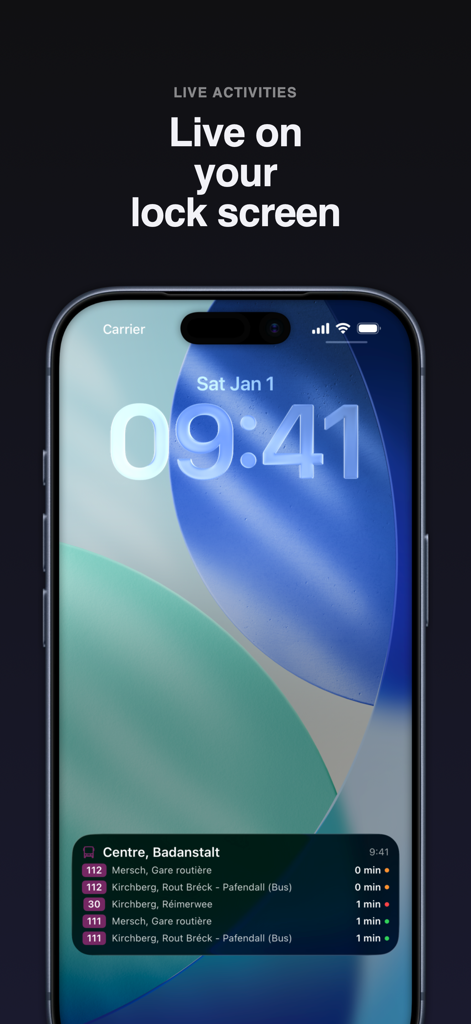 Luxempoche - Écran de verrouillage de l'iPhone montrant les départs de bus en temps réel via Luxempoche Live Activities.