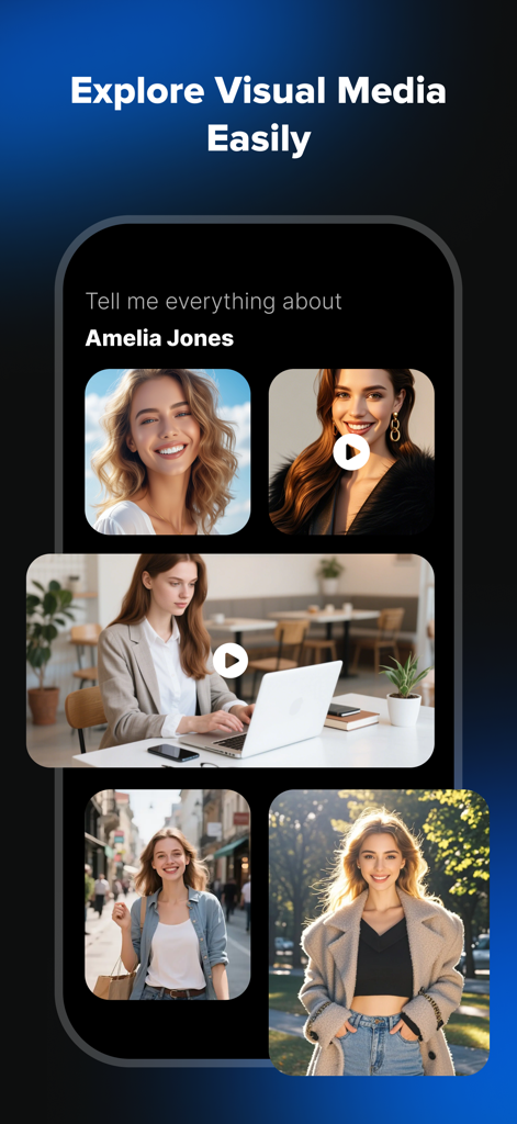 A screenshot of the TruthSeek app showing search results for Amelia Jones with various photos and videos displayed under the heading Explore Visual Media Easily