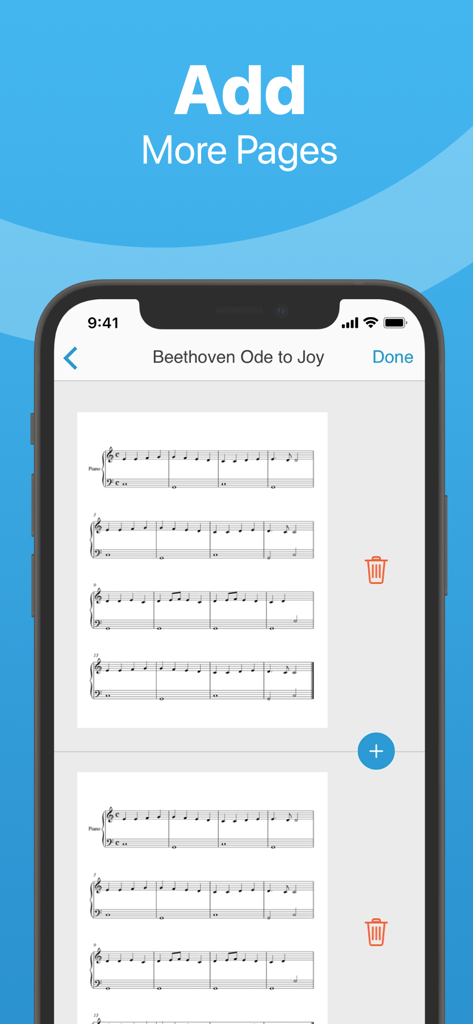 Interface of Sheet Music Scanner app showing the option to add more pages to a scan of Beethoven Ode to Joy