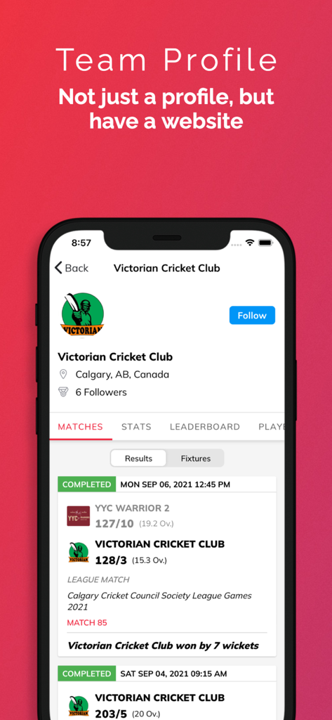 CrickPro - Cricket Scoring App - CrickPro app interface showing a cricket team profile with match results and statistics for Victorian Cricket Club