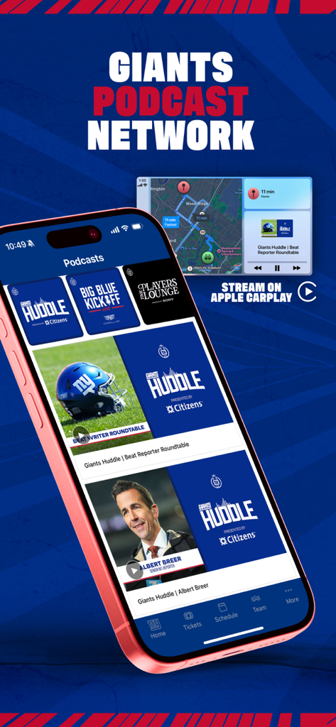 New York Giants app displaying the podcast network screen and Apple CarPlay integration
