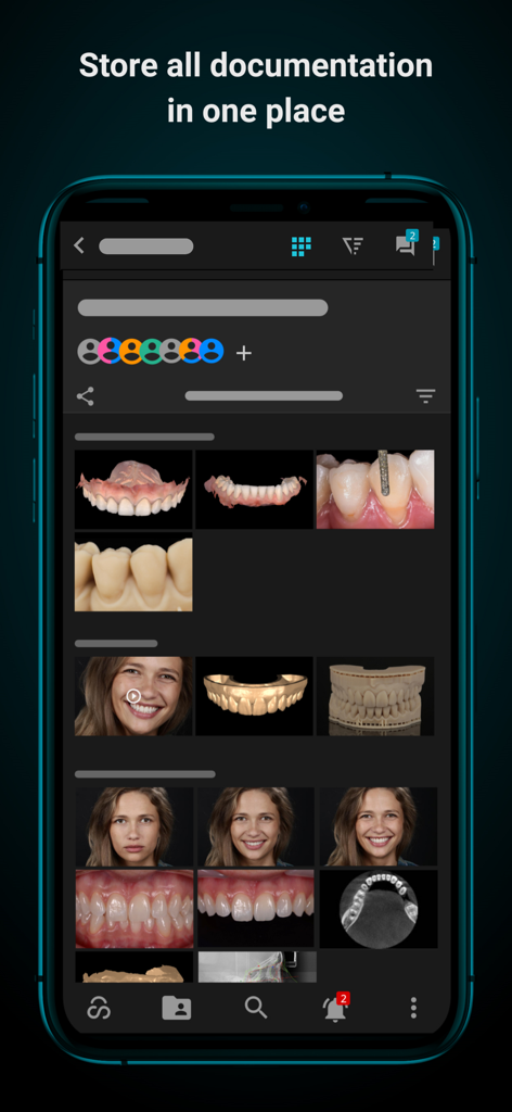 Smilecloud app interface displaying a centralized library of dental cases with 3D scans, X-rays, and patient photos.
