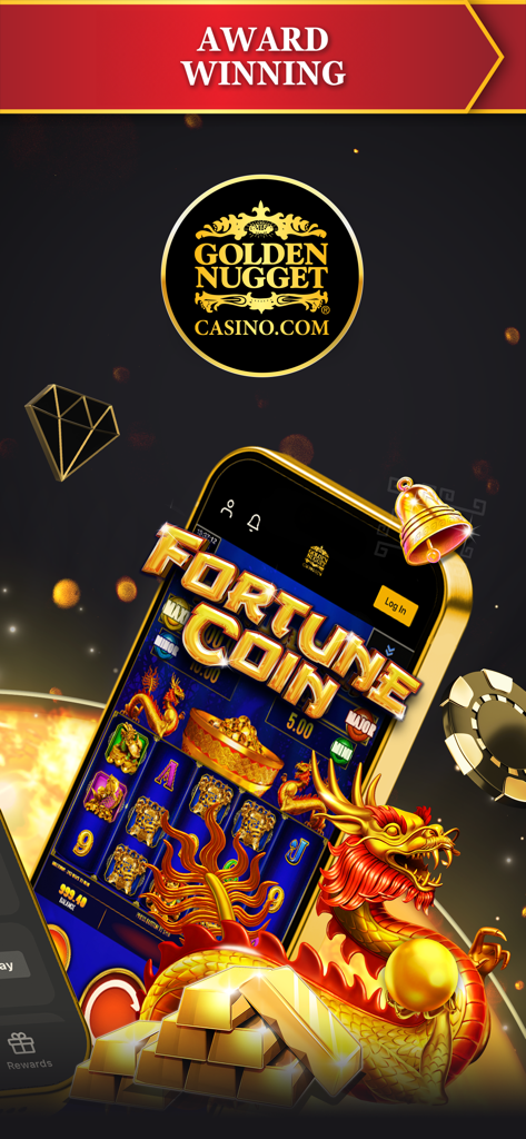 Aplicación móvil Golden Nugget Online Casino con el juego de tragamonedas Fortune Coin, con barras de oro y un dragón dorado