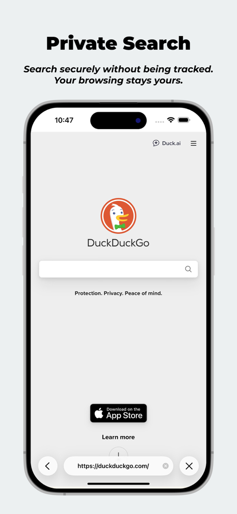Private Browserのモバイルインターフェース。Private Searchとセキュアブラウジングの見出しが表示されたDuckDuckGo検索エンジンが表示されています。