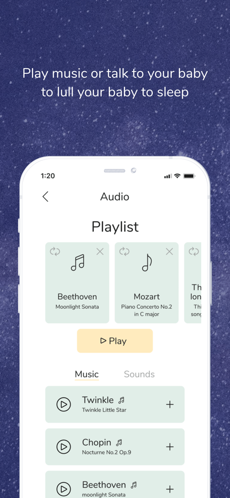 Oberfläche der Audio-Playlist in der Wonder Weeks App mit klassischer Musik und Schlafliedern, die einem Baby beim Einschlafen helfen