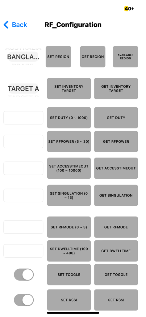 RFR901 APP - Écran des paramètres de configuration RF dans l'application RFR901 pour gérer les paramètres du lecteur RFID.