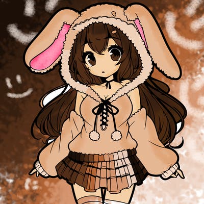pretty anime girl wearing a fluffy hoodie with bunny ears on the hood and a skirt