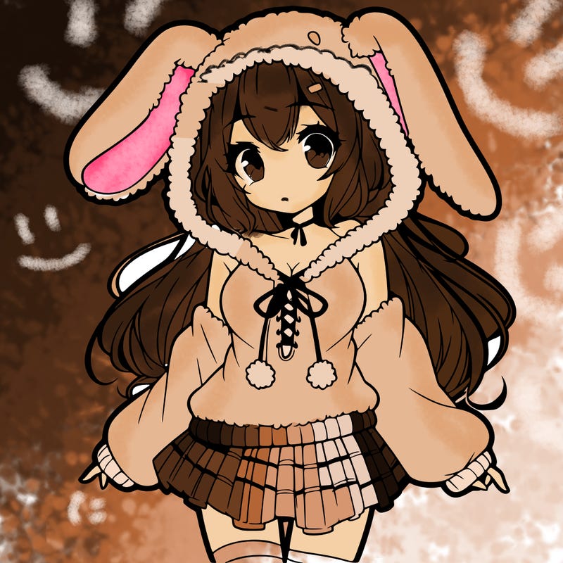 pretty anime girl wearing a fluffy hoodie with bunny ears on the hood and a skirt