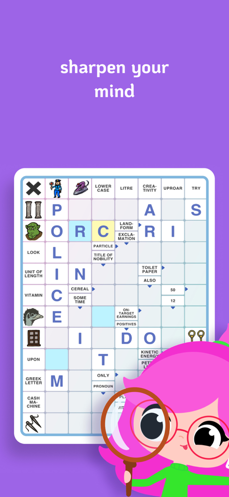 Kryss - The Battle of Words - Kryss 단어 게임의 스크린샷으로, 십자말 풀이 그리드와 'sharpen your mind'라는 텍스트 아래 돋보기를 든 만화 캐릭터가 보입니다.