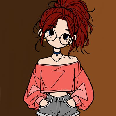 girl with a messy ponytail glasses a baggy crop top and jean shorts