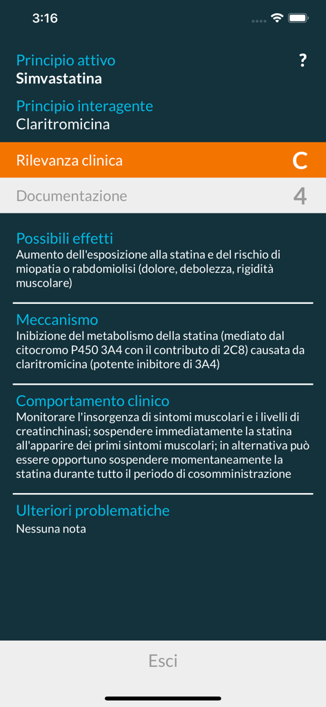 INTERCheck - INTERCheck app interface showing detailed clinical information for a drug interaction between Simvastatin and Clarithromycin.