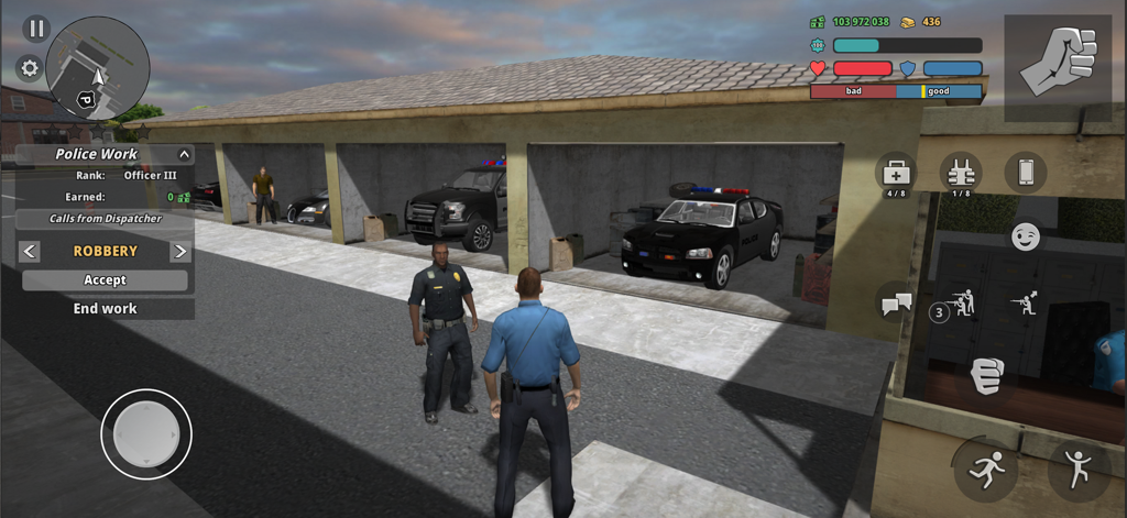 Police Cop Simulator. Gang War - 警察署のガレージで強盗ミッションを受け入れる警察官を三人称視点で表示
