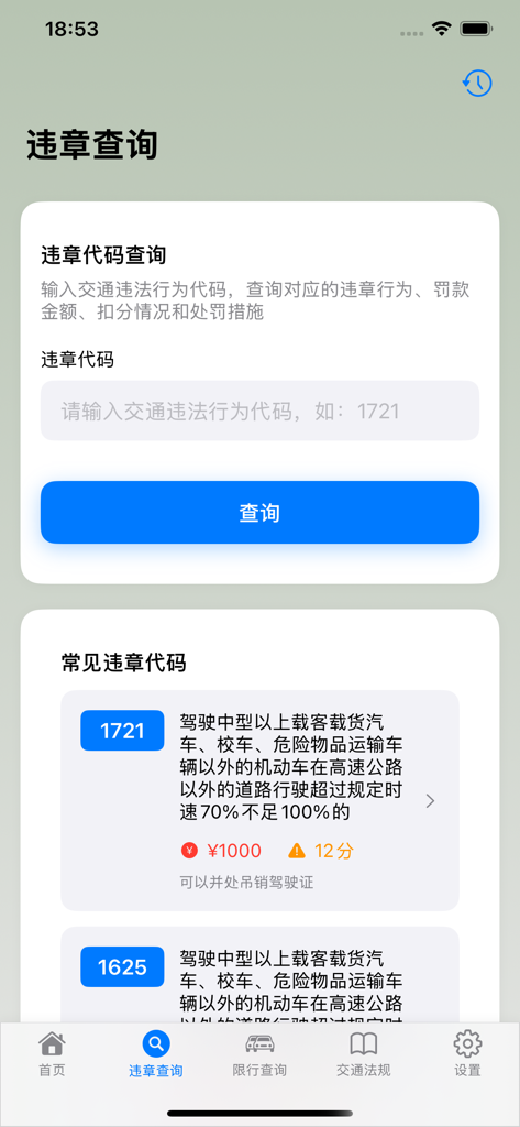 交通违规查询-123全国违章秒查交管直连违章查询 - Interface for searching Chinese traffic violation codes and penalty details