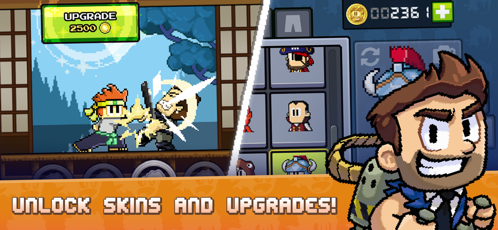 Dan The Man Platformer - Dan The Man platformer gameplay showing character skins and upgrade menu