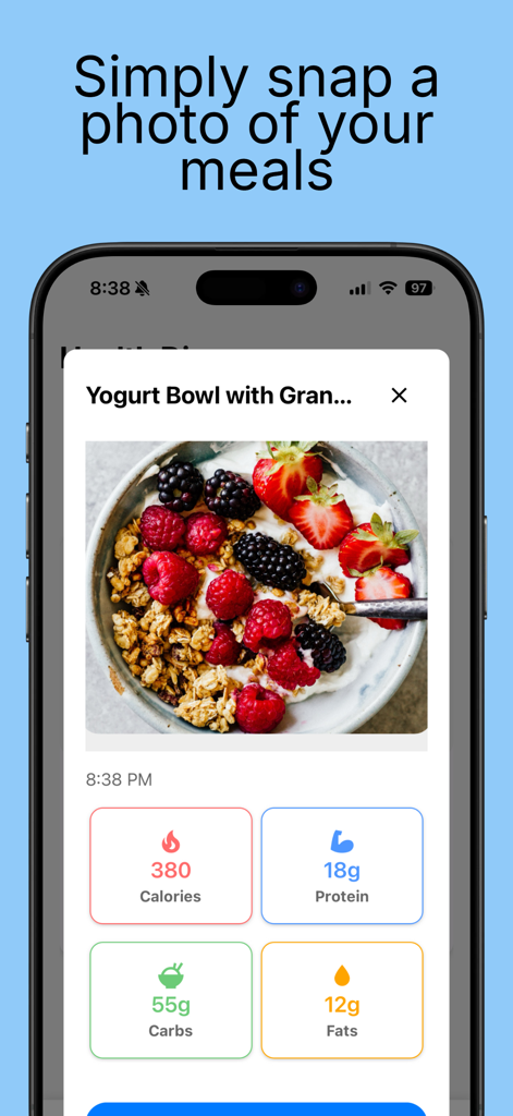 Écran de smartphone montrant l'application CalPal analysant une photo de bol de yaourt pour afficher les calories et les macronutriments