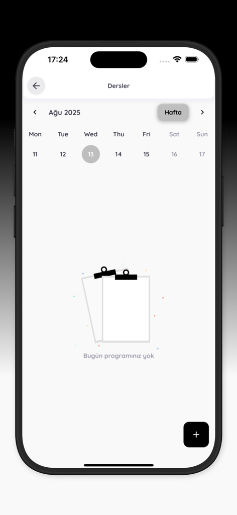 Kuzgun Eğitim - The schedule screen of the Kuzgun Eğitim app showing a weekly calendar with no lessons for the current day.