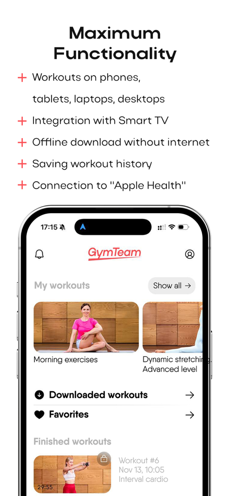 Interfaz de la app GymTeam que muestra programas de ejercicios y funciones de integración