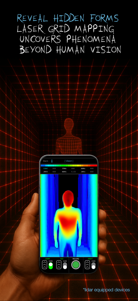 Ghost Science M3 app displaying a thermal humanoid figure within a red laser grid tunnel on an iPhone.