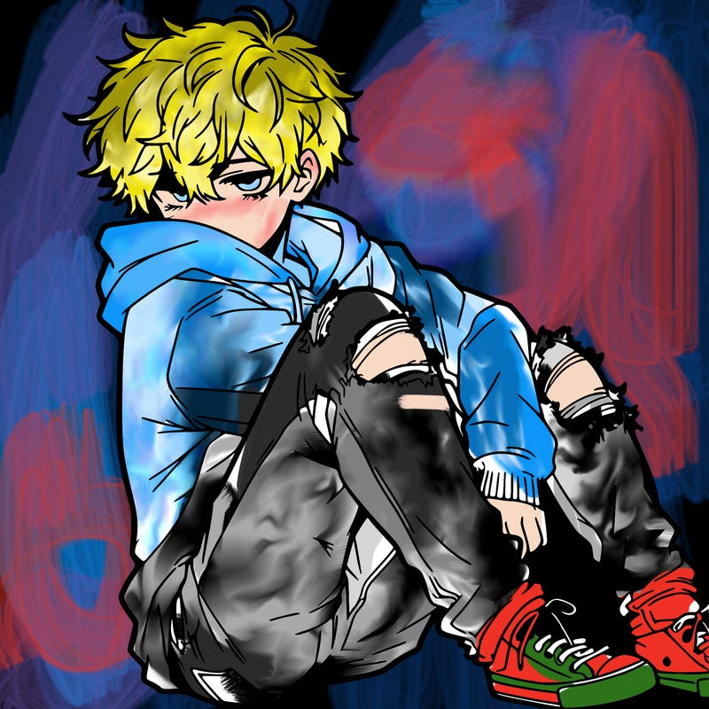 a male hoddie ripped jeans messy hair anime