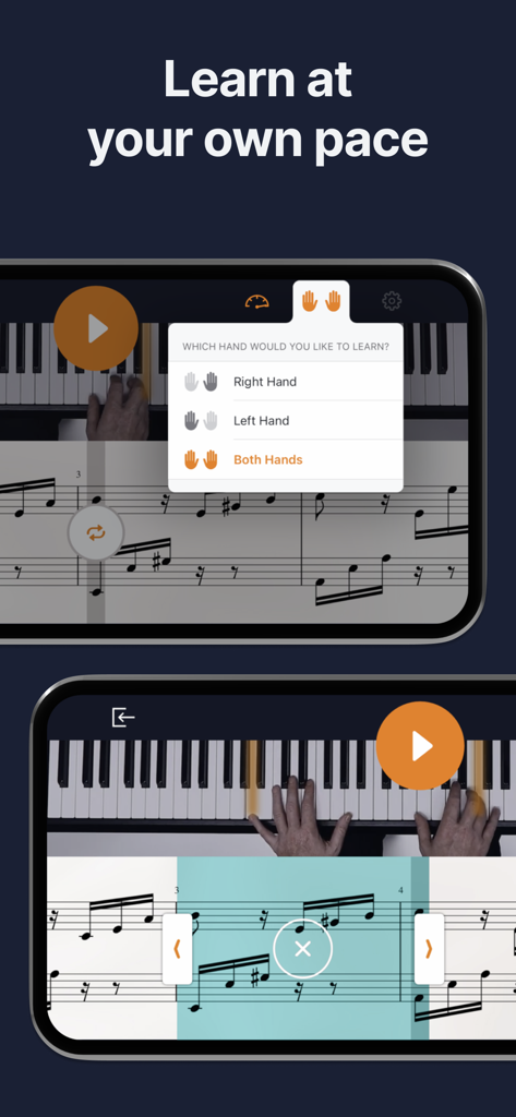 flowkey – Learn to Play Piano - flowkey app interface displaying piano practice options for right hand left hand or both hands