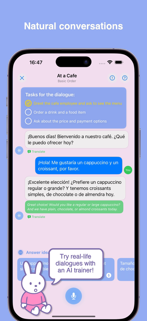 Conversation IQ：Language Coach - Language learning app interface showing a real life Spanish conversation with an AI coach at a cafe