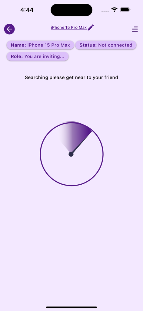 A smartphone interface showing a radar animation while searching for nearby devices to start an offline file transfer.