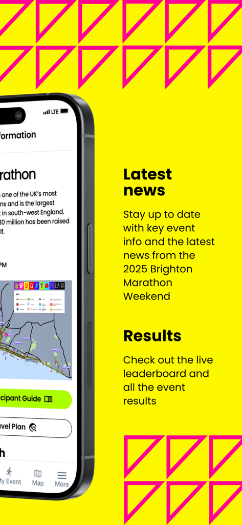 Brighton Marathon Weekend 2025 App-Oberfläche mit den Abschnitten für Veranstaltungsnachrichten und Rennergebnisse.