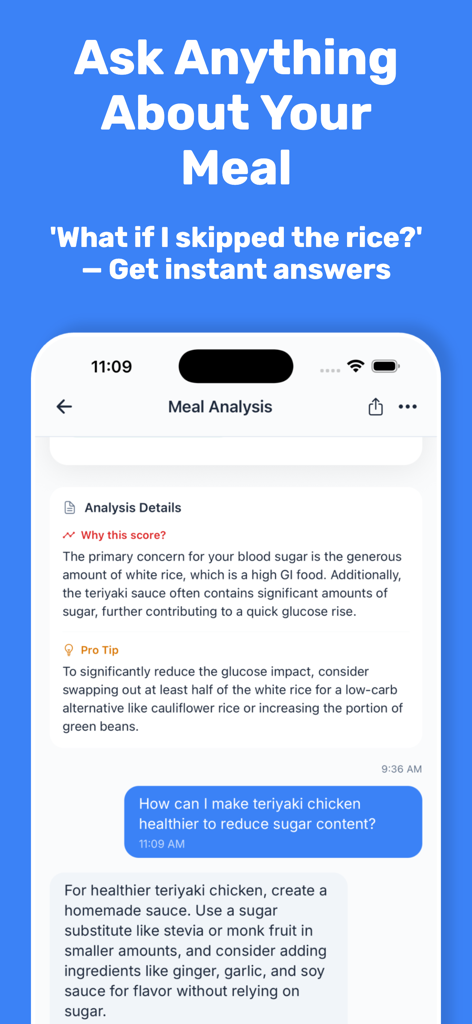 Glycemic Index Scanner - Mobile app interface showing AI meal analysis and healthy food swap suggestions for blood sugar management.
