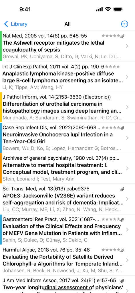 PubMed On Tap - Screenshot of PubMed On Tap app library showing a list of medical research articles and references.