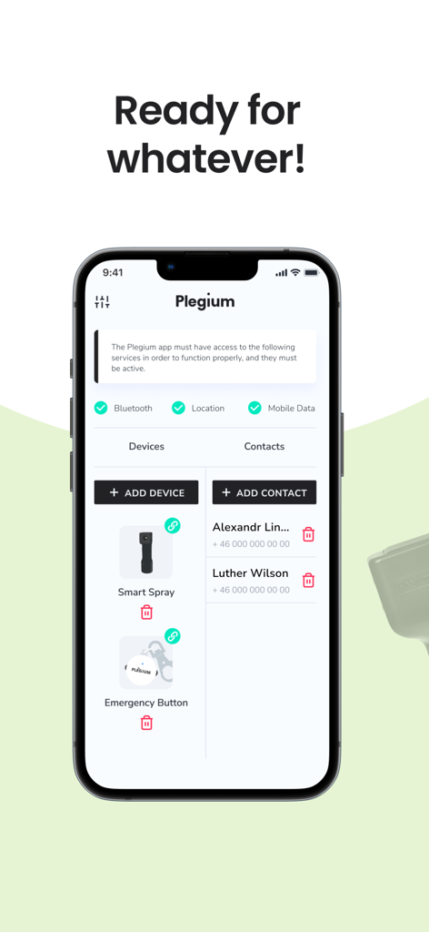 Plegium - Plegium app interface on an iPhone displaying connected safety devices and emergency contacts.