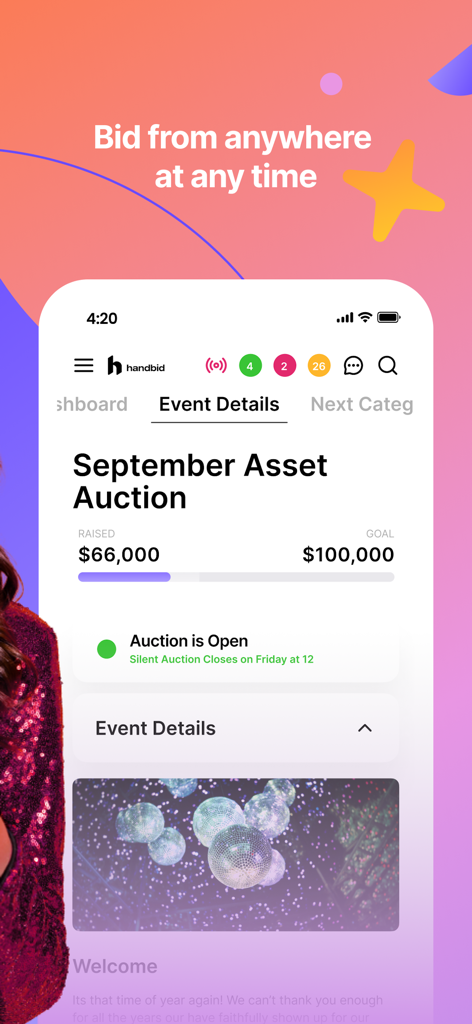 Handbid - Handbid mobile app screen displaying silent auction details and fundraising goal progress