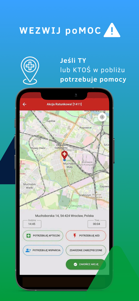 Ratownik app screenshot showing an active rescue map with buttons to request a first aid kit or AED