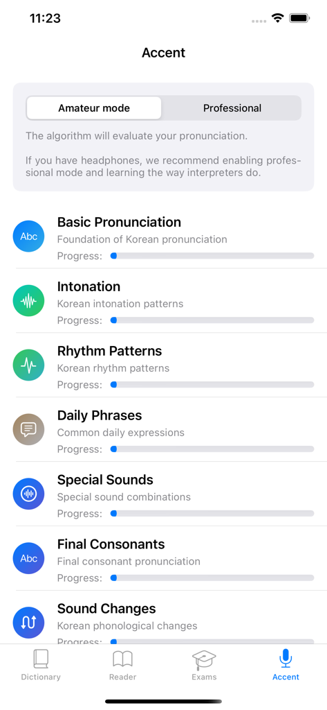Korean: language dictionary - Módulo de entrenamiento de acento y pronunciación del idioma coreano con seguimiento del progreso