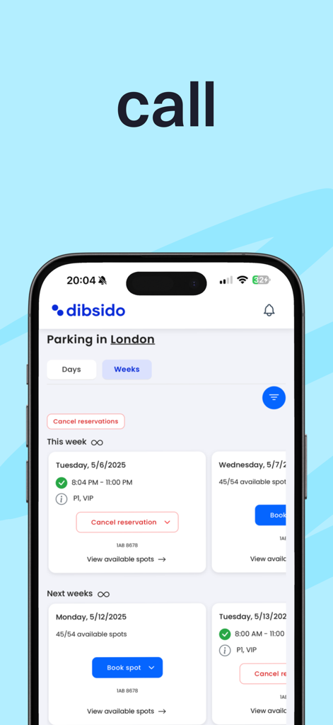 Dibsido - Dibsido mobile app screen showing office parking spot booking and weekly availability management.