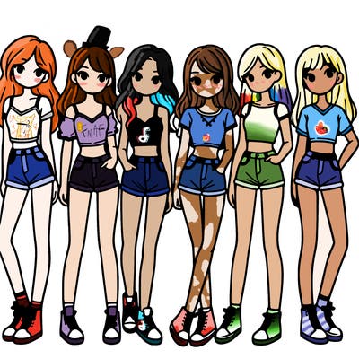 a group of girls wearing crop tops and shorts