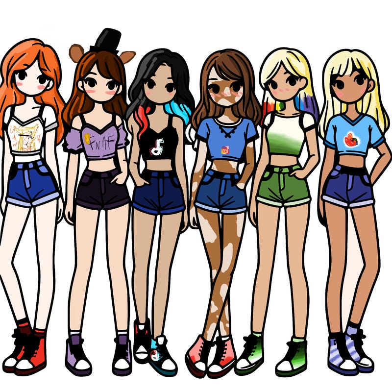 a group of girls wearing crop tops and shorts