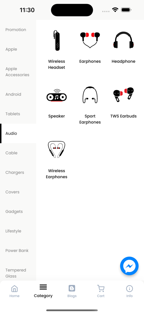Anycall Mobile - Pantalla de la aplicación Anycall Mobile que muestra la categoría de audio con opciones de auriculares inalámbricos, audífonos y altavoces.