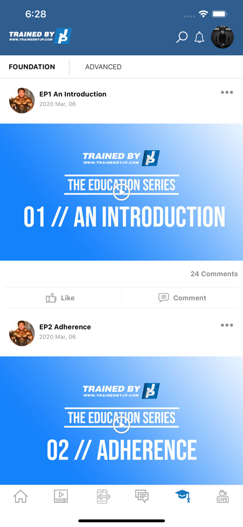 TrainedByJP - Screenshot of the TrainedByJP app showing educational bodybuilding video episodes