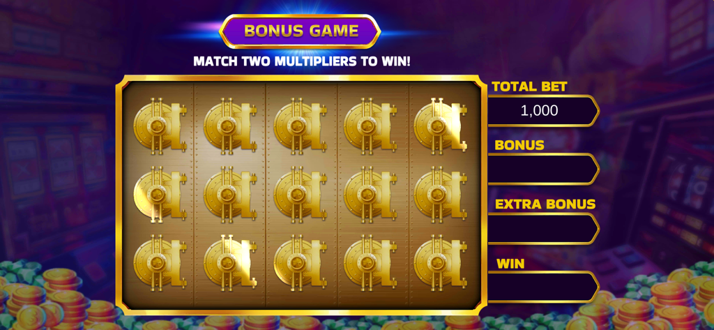 Bonus game screen with golden bank vaults in Crazy Slots Royal Casino Game